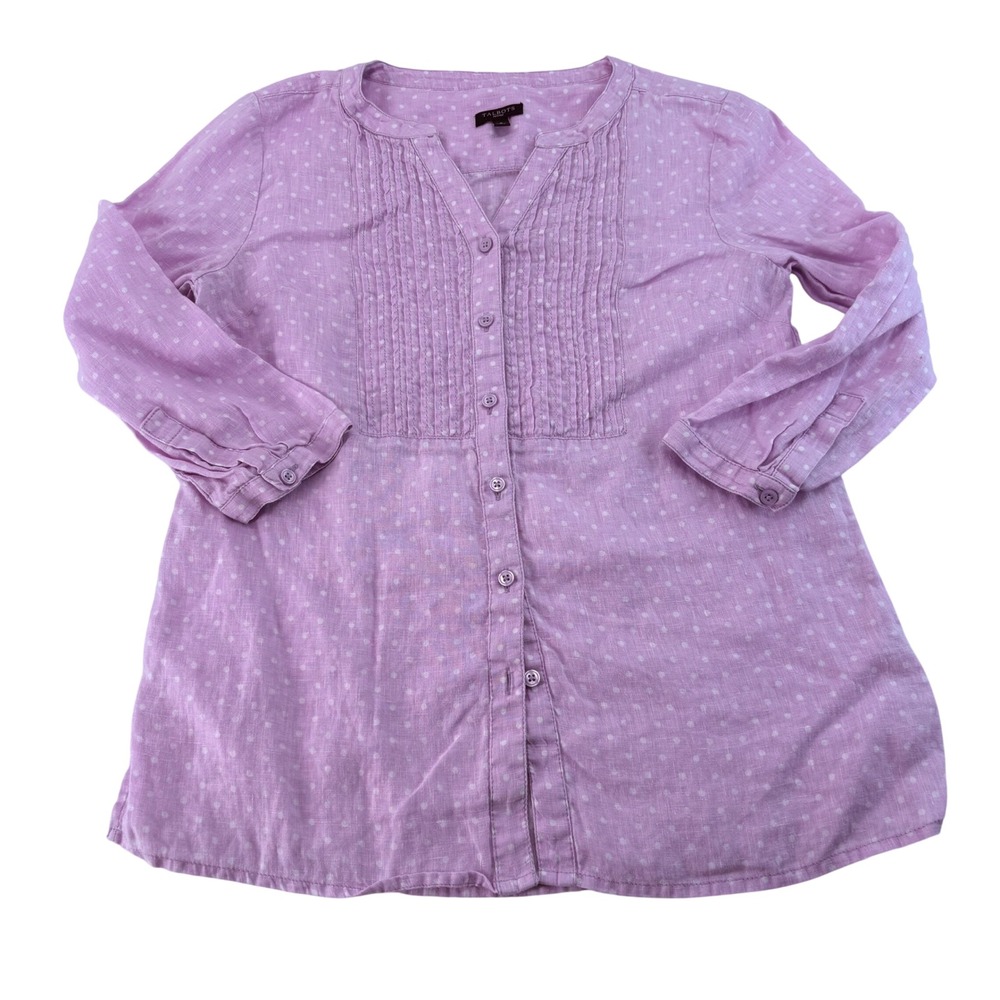 Talbots Petites‎ Purple Linen Polka Dot Pintuck 3/4 Sleeve Blouse Top Size P